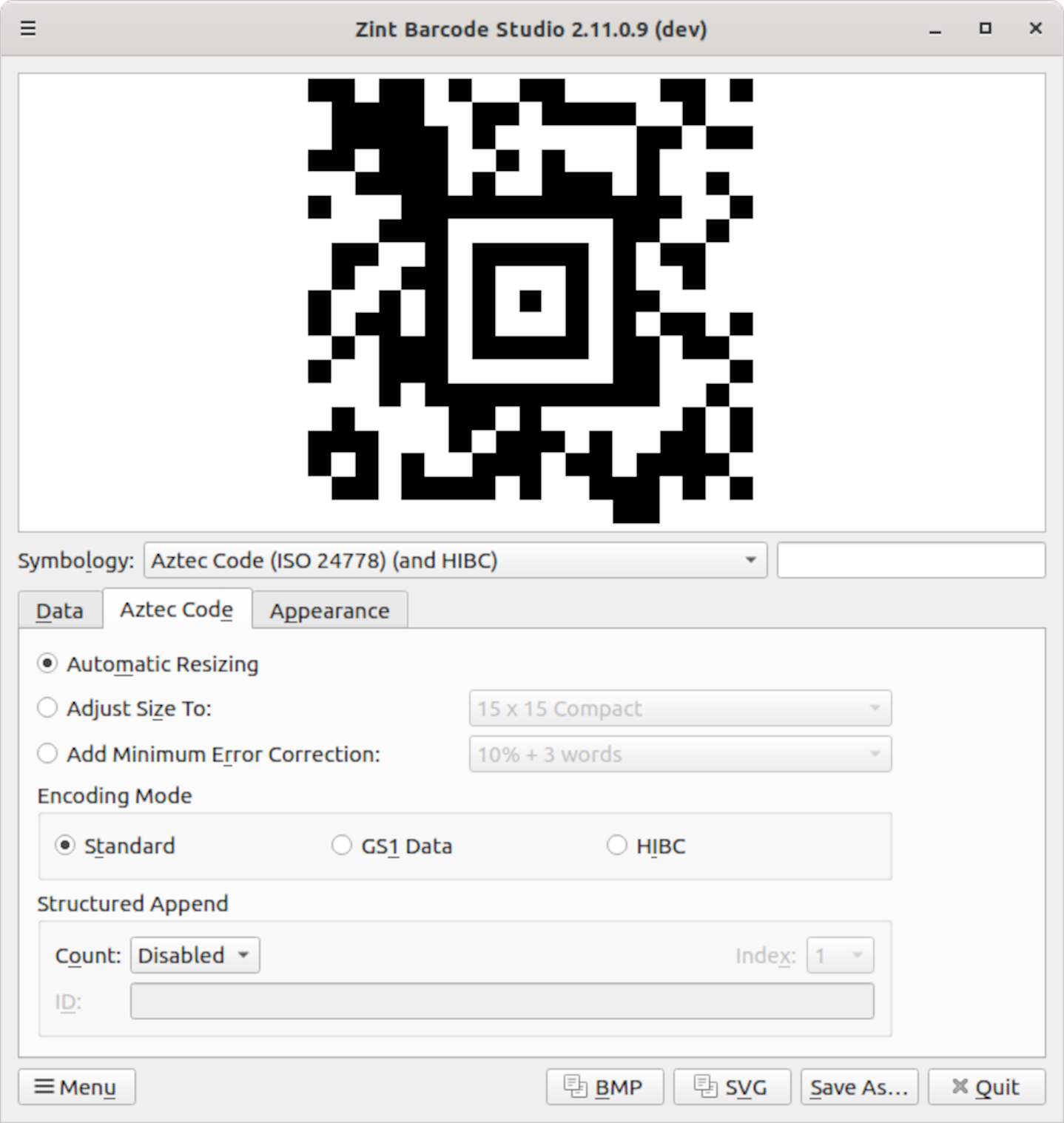 Zint Barcode Studio showing Aztec Code options