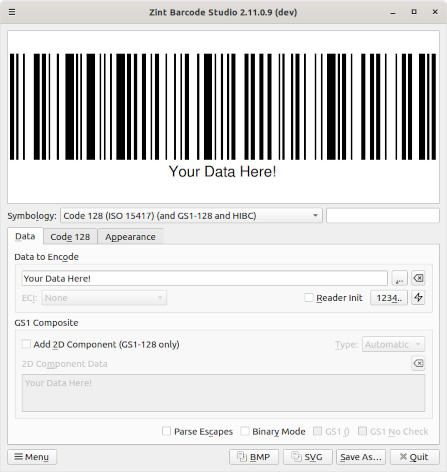 Zint Barcode Studio on startup - main window with Data tab